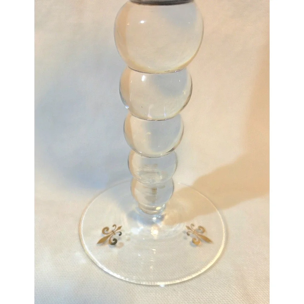 Fleur de Lis Goblet Smoky Gray Glass Gold Black Crown Bubble Stem 8